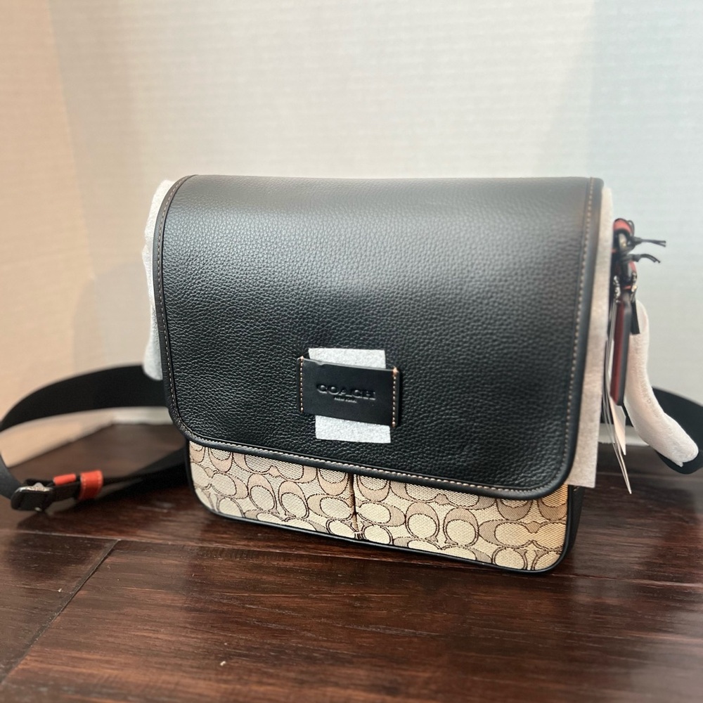 COACH Black and Brown Spring Map Messenger Bag in Signature Jacquard